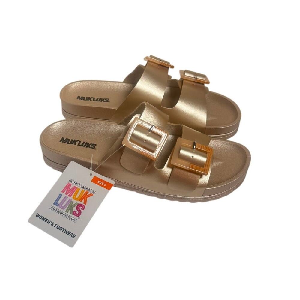 MUK LUKS Women's Soft Gold Double Buckle Footbed Slide Sandals Size 8